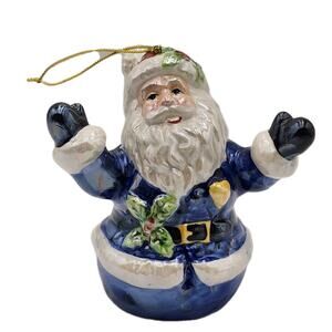 Vintage Iridescent Glazed Ceramic Santa with Blue Suit Christmas Ornament
